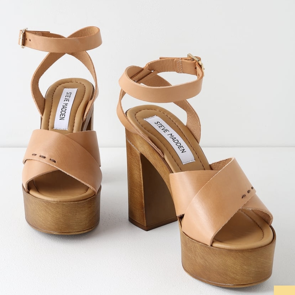 Steve Madden Liliana Tan Leather Platform Ankle Strap Heels